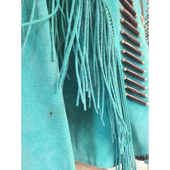 Vtg Cripple Creek Western Boho Fringe Leather Jacket MEDIUM Cowgirl Rodeo Blue M - Picture 8 of 9